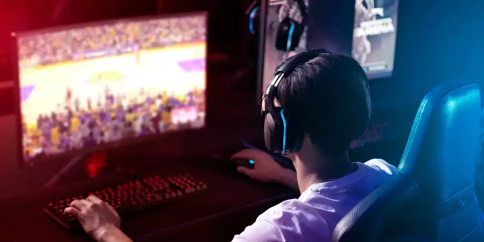 Gamer, computer screen and man with headphones, night and esports subscription from back