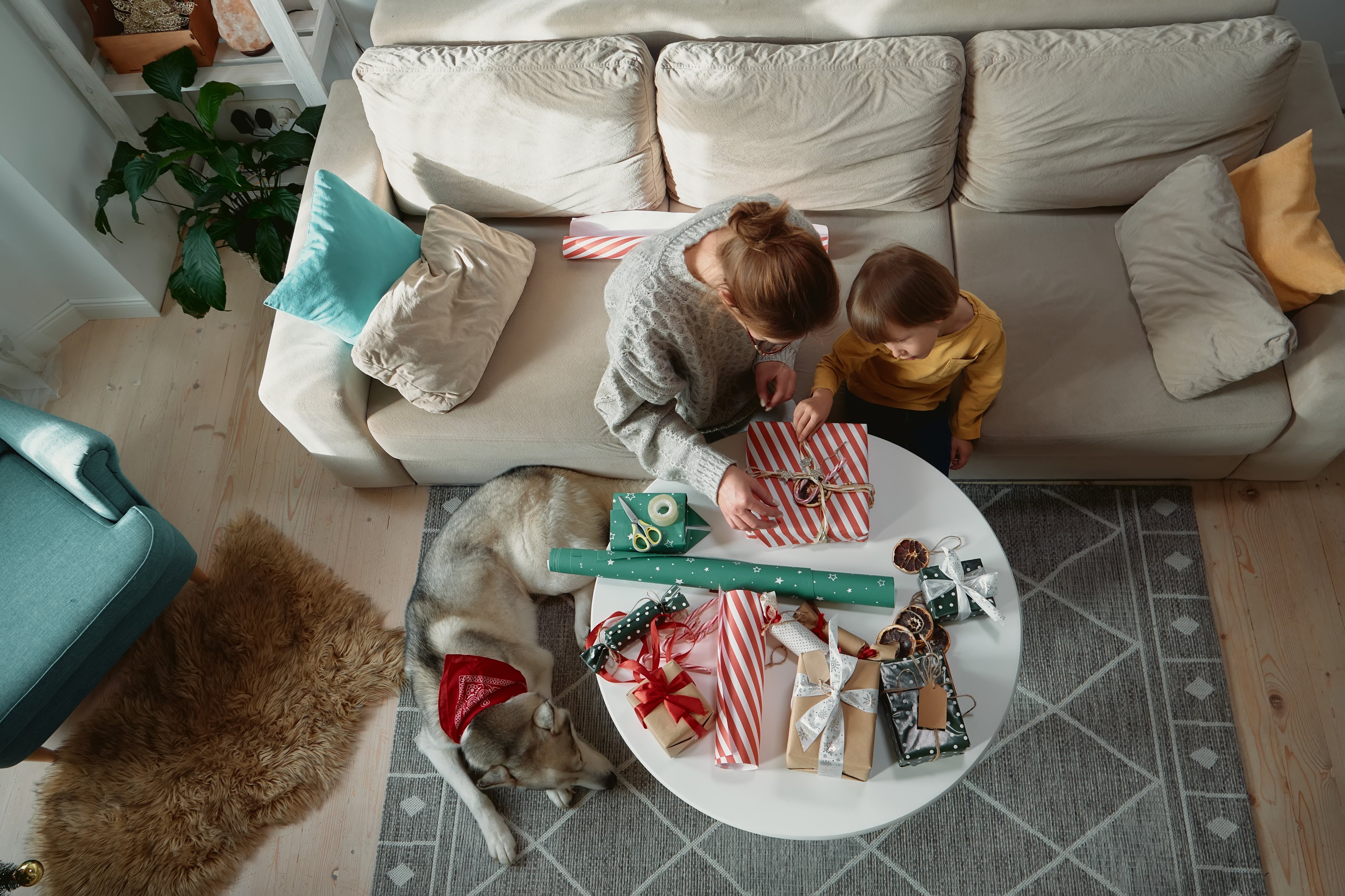 Decorating Christmas gifts, family mother, child and pet dog wrapping Christmas gift box together, top view