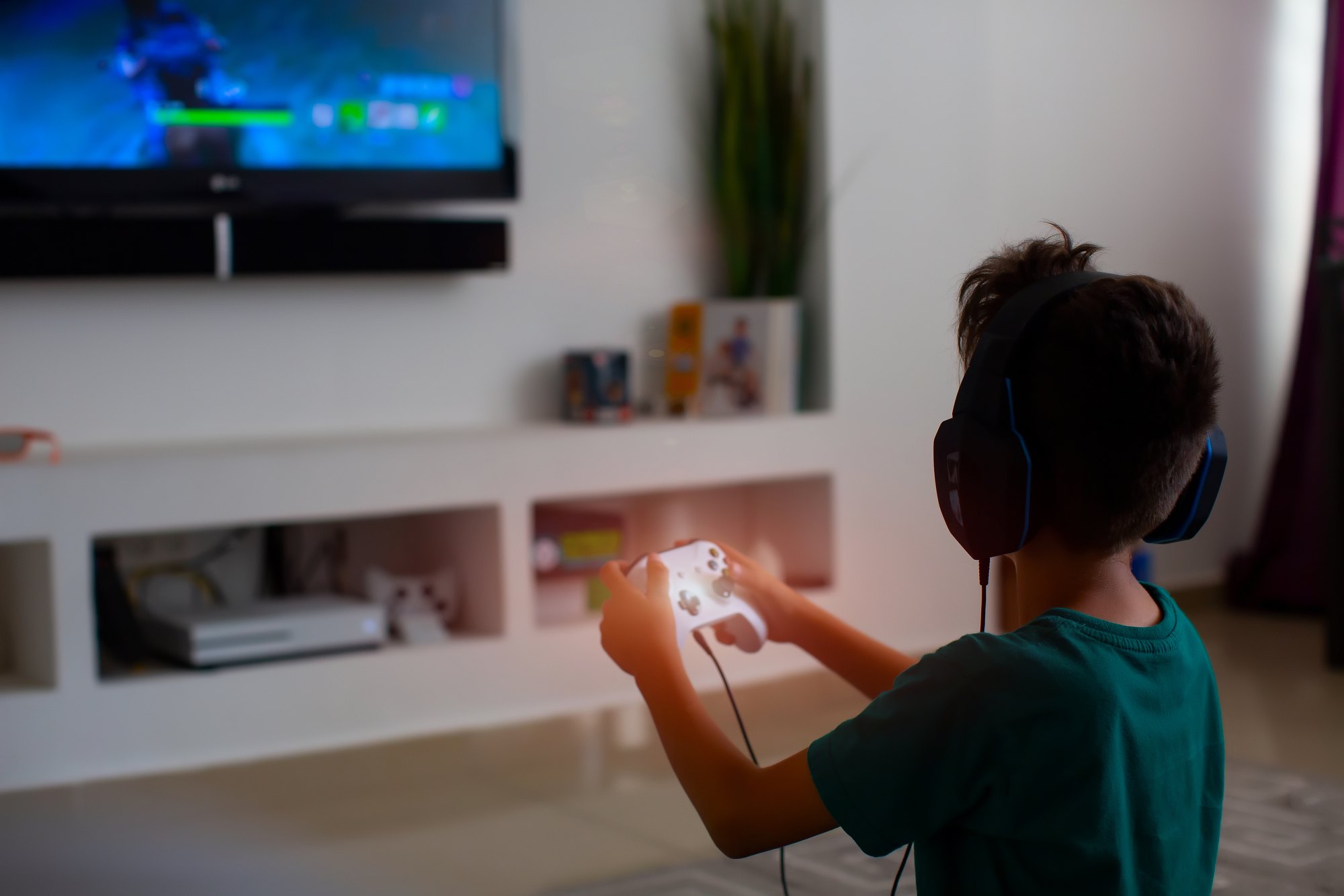 Back view of concentrated young gamer playing game